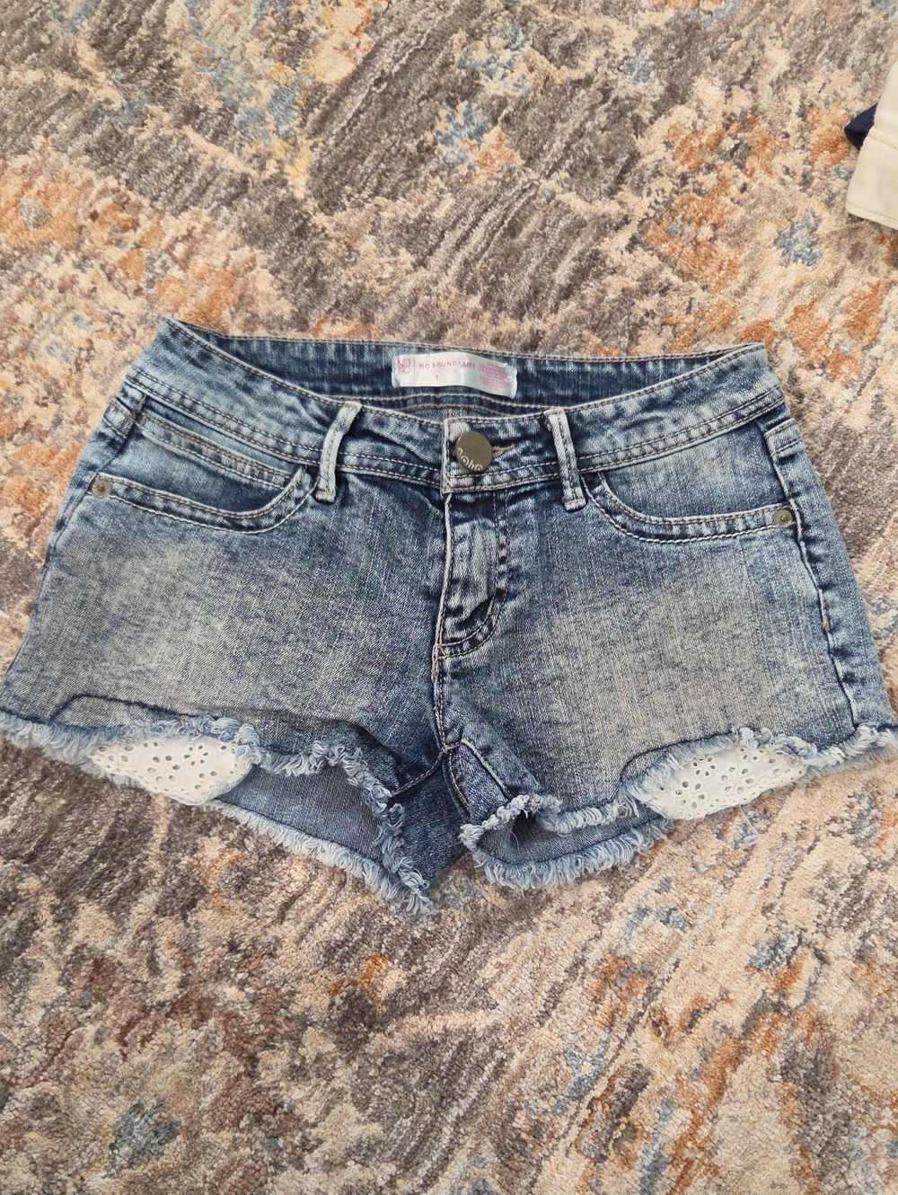 No Boundaries Light Blue Denim Frayed Eyelet Trim Shorts